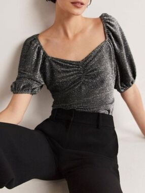 Sparkle Puff-Sleeve Square Neck Top - Silver